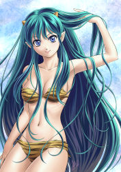 1girl animal_print armpits bare_shoulders bikini blue_eyes breasts cleavage collarbone cone_horns eye_contact female_focus green_hair highres horns large_breasts lipstick long_hair looking_at_another looking_at_viewer lum makeup mcq narrow_waist navel oni pointy_ears ribs signature skinny solo swimsuit tiger_print urusei_yatsura very_long_hair