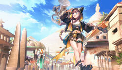 2girls absurdres animal_ears ankh arknights arm_up belt black_belt black_footwear black_jacket black_shorts blue_eyes blue_sky blush brown_hair brown_tail building chinese_commentary cloud commentary_request day dress egypt flower gold green_dress hammer head_chain hieroglyphics highres holding holding_hammer holding_weapon hood hood_up hooded_jacket infection_monitor_(arknights) jacket jewelry jia_redian_ruzi_ruzi lens_flare long_hair long_sleeves looking_at_another looking_up multiple_girls no_socks o-ring o-ring_thigh_strap obelisk open_clothes open_jacket open_mouth orange_hair outdoors papyrus_(arknights) people pepe_(arknights) pyramid_(structure) sandals shorts sky smile standing sunlight tail tail_ornament tail_ring thigh_strap toeless_footwear toes two-sided_fabric two-sided_jacket walking weapon white_flower yellow_jacket