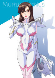 1girl absurdres bodysuit breasts brown_eyes brown_hair gundam gundam_seed gundam_seed_freedom helmet highres himemura_saki holding holding_unworn_helmet large_breasts lipstick long_hair makeup mecha_pilot_suit murrue_ramius normal_suit_(gundam) pilot pilot_helmet pilot_suit science_fiction smile solo unworn_helmet