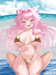 1boy 1girl :d beach beach_towel bikini blush breasts cat_girl cloud day fang gold_bikini hair_intakes hetero highres hiroshi_shin hololive hololive_english large_breasts long_hair looking_at_viewer navel open_mouth outdoors penis raora_panthera smile solo_focus stomach swimsuit thigh_sex towel very_long_hair virtual_youtuber yellow_eyes