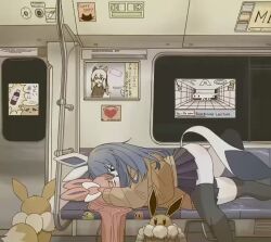 2girls animal_ears animated black_thighhighs lying_on_person mike_no_hito multiple_girls nintendo original pokemon sleeping tagme thighhighs train_interior video yuri