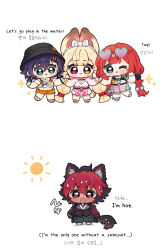 1boy 3girls :3 :d ;d alice_thymefield alice_thymefield_(sea_of_thyme) animal_ears belle_(summer_skies)_(zenless_zone_zero) belle_(zenless_zone_zero) bilingual_text black_hat black_jacket blonde_hair blue_hair blush braid cat_boy cat_ears cat_tail character_request chibi chibi_only commentary english_text eyewear_on_head green_eyes green_pants hair_ornament hairband hat heart heart-shaped_eyewear heterochromia highres hot hue_oo jacket komano_manato korean_text letter_hair_ornament long_hair midriff mixed-language_text multiple_girls navel one_eye_closed open_mouth pants rabbit_ears rabbit_girl rabbit_tail red_eyes red_hair short_hair simple_background smile sparkle standing sun sunglasses sweat symbol-only_commentary tail twin_braids ukinami_yuzuha ukinami_yuzuha_(tanuki_in_broad_daylight) very_long_hair white_background white_hairband yellow_eyes zenless_zone_zero