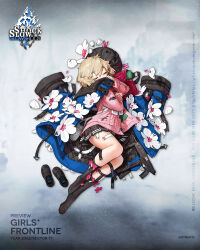 1girl asymmetrical_legwear bag beret black_hat black_shoes black_skirt black_socks black_sweater blonde_hair blue_coat blue_eyes blush buckle character_name chest_strap closed_eyes coat coat_on_shoulders commentary copyright_name covered_mouth english_commentary flower flower_ornament full_body girls&#039;_frontline gun hat hat_flower highres jatimatic jatimatic_(girls&#039;_frontline) knee_pads loafers long_sleeves medium_hair no_shoes official_art pink_bag pink_flower pink_sweater pleated_skirt pouch rinotuna second-party_source shoes shoulder_bag single_knee_pad skirt snap-fit_buckle socks solo submachine_gun sweater thigh_strap torn_clothes torn_hat torn_skirt torn_socks torn_straps torn_sweater unworn_hat unworn_headwear unworn_shoes watermark weapon web_address white_bag white_flower