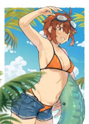 1girl absurdres arm_up armpits bikini blue_sky blush breasts brown_hair cloud day denim denim_shorts fukana_miyu_(kokuya28) goggles goggles_on_head hair_ornament highres holding holding_swim_ring innertube kokuya_(kokuya28) looking_at_viewer navel open_fly orange_bikini orange_eyes original outdoors short_hair short_shorts shorts sky small_breasts smile solo sweat swim_ring swimsuit tomboy x_hair_ornament