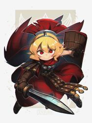 1girl absurdres armor blonde_hair borrowed_character brown_gloves cape centurii-chan_(character) full_body gladius gloves greco-roman_clothes highres holding holding_shield holding_sword holding_weapon legionnaire looking_at_viewer original plume porforever pteruges red_eyes roman_armor roman_clothes roman_empire shield short_hair single_glove solo sword weapon