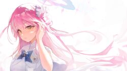 1girl absurdres adjusting_hair blue_archive capelet commentary_request hair_bun halo highres long_hair mika_(blue_archive) parted_lips pink_hair pink_halo shinba233 single_side_bun solo upper_body white_capelet yellow_eyes