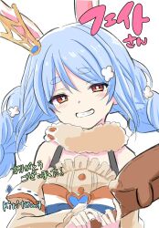 Rule 34 | 1girl, animal ears, bare shoulders, blue hair, braid, brown dress, brown eyes, brown sleeves, commentary request, detached sleeves, dress, frilled dress, frills, grin, hair between eyes, head tilt, highres, holding, hololive, kiritoma, long hair, long sleeves, looking at viewer, rabbit-shaped pupils, rabbit ears, short eyebrows, simple background, smile, solo, symbol-shaped pupils, thick eyebrows, translation request, twin braids, twintails, upper body, usada pekora, virtual youtuber, white background