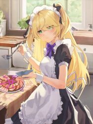 1girl alternate_costume apron black_dress blonde_hair bow bowtie breasts cooking cuff_links dress fischl_(genshin_impact) frilled_apron frills genshin_impact green_eyes highres holding holding_ladle kitchen ladle long_hair maid plant plate potted_plant purple_bow purple_bowtie shiny_skin sliced_meat small_breasts solo table two_side_up white_apron window yukiri_(l_ii)