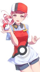 1girl absurdres apron collared_shirt commentary_request eyelashes hand_up hat highres holding holding_poke_ball joy_(pokemon) kamome_yuu long_hair looking_at_viewer lower_teeth_only nintendo open_mouth pink_eyes pink_hair pink_nails poke_ball poke_ball_(basic) poke_ball_print pokemon pokemon_sv red_hat shirt short_sleeves shorts smile solo teeth
