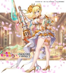 1girl arm_armor ass_peek blonde_hair blue_eyes braid braided_ponytail breasts colored_tips copyright_name copyright_notice crossover darkness_(konosuba) dress falling_petals from_side full_body gun hair_ornament hair_ribbon hand_on_own_hip high_ponytail indoors kono_subarashii_sekai_ni_shukufuku_wo! large_breasts legs long_hair looking_at_viewer multicolored_hair official_art open_mouth orange_ribbon petals planted_gun ponytail ribbon shoes sleeveless sleeveless_dress solo standing thigh_strap thighs valkyrie_connect weapon white_dress x_hair_ornament yellow_shoes