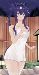 1girl absurdres animal_ears aysellost bare_shoulders blue_eyes blue_hair breasts collarbone hair_between_eyes hair_bun highres horse_ears horse_girl horse_tail long_hair medium_breasts mole mole_under_eye naked_towel night night_sky onsen sidelocks sky solo tail towel twitter_username umamusume verxina_(umamusume)
