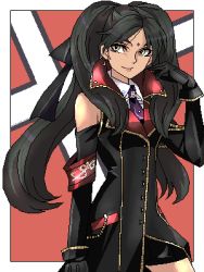 black_hair brown_eyes detached_sleeves elbow_gloves facial_mark gloves long_hair lowres military military_uniform oekaki original punpun solo