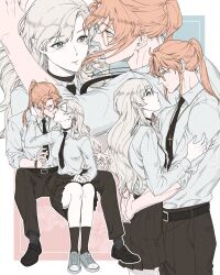 1boy 1girl absurdres belt black_belt black_necktie black_pants black_shoes black_skirt black_socks brown_eyes brown_hair collared_shirt cross cross_necklace degrees_of_lewdity glasses green_eyes highres ivy_(sinner_o0) jewelry kiss long_hair looking_at_viewer multiple_views necklace necktie pants player_character_(degrees_of_lewdity) player_character_(female)_(degrees_of_lewdity) pleated_skirt ponytail shirt shoes sinner_o0 skirt socks sydney_(degrees_of_lewdity) sydney_(male)_(degrees_of_lewdity) white_hair white_shirt