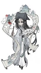 1boy black_eyes black_hair black_hat black_shoes calligraphy_brush chinese_clothes chinese_commentary chinese_text cloud coat dao_gui_yi_xian folding_fan full_body grey_coat hand_fan hand_fan_writing hanfu hat highres holding holding_calligraphy_brush holding_fan holding_paintbrush jade_(gemstone) jin_(headwear) long_hair long_sleeves looking_at_viewer male_focus mountain paintbrush paper paper_fan robe scroll seal_impression shoes simple_background smile smoke solo standing sun tassel transparent_background very_long_hair white_hanfu wide_sleeves writing xinjinjumin665476218756 yaopei zhouzi_jin_(headwear) zhuge_yuan