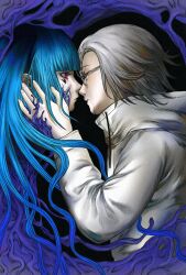 1boy 1girl amemiya_darumi aotsuki_eito black_background blue_hair crying drawstring eyelashes glasses hands_on_another&#039;s_face heart jacket long_hair long_sleeves looking_at_viewer pink_eyes retsnom_(hundred_line) simple_background tears the_hundred_line_-last_defense_academy- twintails upper_body white_hair white_jacket