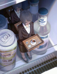 3girls absurdres black_jacket black_shoes black_skirt blonde_hair bottle can clone closed_eyes closed_mouth coffee coffee_mug collared_shirt commentary_request cream creamer_(vessel) cup drink_can formal_clothes from_above full_body highres holding holding_tray jacket mikasamu mini_person minigirl mug multiple_girls office_lady original refrigerator_interior saucer shirt shoes short_hair skirt skirt_suit spoon sugar_cube suit suit_jacket tray white_shirt