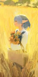 1girl absurdres basket earrings elf flower frieren from_side headscarf highres holding holding_basket jewelry long_sleeves parted_bangs pointy_ears shirt solo sousou_no_frieren sunflower takoyoomi teardrop_earrings wheat_field white_shirt