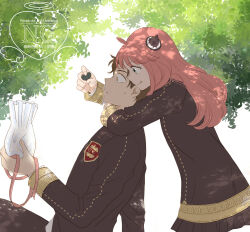 Rule 34 | 1boy, 1girl, absurdres, aged down, anya (spy x family), arm around neck, bag, black dress, brown eyes, commentary, damian desmond, dress, eden academy school uniform, green eyes, hairpods, highres, holding, holding bag, light frown, minagawa emu, pink hair, school uniform, short dress, smile, spy x family, sweatdrop, tongue, tongue out, tree, tree shade, watermark