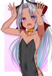 1girl armpits bare_shoulders black_horns black_leotard border collarbone curtained_hair curved_horns dark-skinned_female dark_skin gloggy grey_hair hands_up high_ponytail highres horns jewelry kikyou_(gloggy) leotard long_hair neck_ring open_mouth original outside_border pink_eyes ponytail side-tie_leotard solo very_long_hair white_border