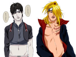 2boys bad_id bad_pixiv_id black_hair blonde_hair deidara_(naruto) male_focus midriff multiple_boys naruto_(classic) naruto_(series) naruto_shippuuden noodle_(nnoddlee) one_eye_covered pale_skin pectorals sai stitches tattoo tongue