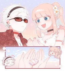 1boy 1girl amika_(kai_(drakkai10)) black_choker black_hairband blue_eyes chibi chibi_inset choker collared_shirt flower hair_flower hair_ornament hair_slicked_back hairband hasto_(kai_(drakkai10)) highres kai_(drakkai10) open_mouth original pink_hair print_shirt red_choker seashell shell shirt sunglasses white_flower white_hair