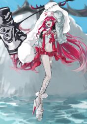 1girl absurdres arm_up baobhan_sith_(fate) baobhan_sith_(swimsuit_pretender)_(first_ascension)_(fate) breasts cernunnos_(fate) character_hood fate/grand_order fate_(series) full_body fur-trimmed_jacket fur_trim grey_eyes hammer headwear_with_attached_mittens highres hiyakamosirenai holding holding_hammer jacket long_hair looking_at_viewer navel open_mouth pink_hair pink_skirt platform_heels pointy_ears sidelocks skirt smile solo white_jacket