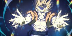 1boy abs absurdres black_vest blonde_hair blue_background blue_sash cropped_vest dragon_ball dragonball_z glitter gogeta green_eyes highres horang4628 medium_hair metamoran_vest muscular muscular_male open_clothes open_vest sash simple_background solo spiked_hair vest