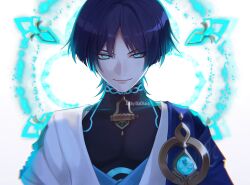 Rule 34 | 1boy, anemo symbol (genshin impact), artist name, black bodysuit, black hair, blue cape, blue eyes, blue gemstone, blue halo, blue kimono, blunt ends, bodysuit, cape, closed mouth, covered collarbone, eyelashes, gem, genshin impact, glowing, glowing eyes, glowing markings, gold, grey trim, halo, halo behind head, han&#039;eri, highres, illa ohara, japanese clothes, kimono, layered kimono, looking at viewer, magic circle, male focus, open clothes, open kimono, parted bangs, portrait, scaramouche (genshin impact), shoulder peek, smile, solo, straight-on, thick neck, tsurime, turtleneck, turtleneck bodysuit, vision (genshin impact), wanderer (genshin impact), white background, white kimono