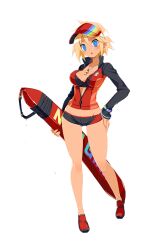1girl blonde_hair blue_eyes breasts cleavage disgaea disgaea_rpg dripping full_body groin hair_between_eyes hand_on_own_hip harada_takehito holding jewelry large_breasts long_sleeves micro_shorts midriff necklace non-web_source official_art open_mouth partially_unzipped photoshop_(medium) rainbow_order red_shoes shoes short_hair shorts solo standing transparent_background visor_cap wet whistle