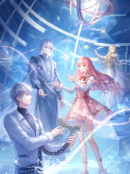 Rule 34 | 2boys, 2girls, absurdres, artist request, bare legs, black pants, black shirt, blonde hair, blue hanfu, blunt bangs, bow, bow legwear, bowtie, braid, brown eyes, buttons, cape, character request, check character, chinese clothes, clothes writing, collared jacket, cowboy shot, cross-laced clothes, cross-laced dress, dress, dress ribbon, expressionless, eyelashes, floating clothes, floating hair, floral print, full body, game cg, glowing, green eyes, grey eyes, hair between eyes, hair over shoulder, hanfu, harp, high heels, highres, holding, holding quill, holding scroll, indoors, instrument, jacket, jewelry, knees, lapels, leonid (shining nikki), light particles, lips, long dress, long hair, long sidelocks, long sleeves, looking at another, looking at object, marking on cheek, medium hair, modric (shining nikki), multiple boys, multiple girls, music, necklace, nikki (nikki), nikki (series), notched lapels, object floating above hand, official art, outstretched hand, pants, parted lips, pinafore dress, pink dress, pink hair, plaid clothes, plaid dress, playing instrument, pleated dress, pocket, pointy nose, puffy long sleeves, puffy sleeves, pumps, quill, red bow, red bowtie, red ribbon, ribbon, scroll, shining nikki, shirt, shoes, short dress, short hair, sidelocks, single braid, sleeve cuffs, sleeveless, sleeveless dress, sleeves past wrists, socks, space, sparkle, standing, star (sky), third-party source, turtleneck, turtleneck shirt, very long hair, wavy hair, white cape, white dress, white hair, white jacket, white shirt, white shoes, white socks, yesenia (shining nikki)