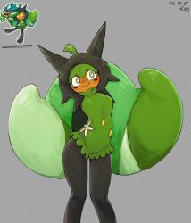 +_+ 1girl :&gt; black_pantyhose fang furry furry_female highres knees_together_feet_apart nintendo ogerpon ogerpon_(teal_mask) pantyhose personification pokemon pokemon_(creature) pokemon_sv smile solo_focus star_(symbol) takesurume thighs