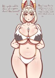 Rule 34 | 1girl, absurdres, aged up, animal ears, bikini, black bikini, breasts, cat ears, cat girl, chest jewel, collarbone, cowboy shot, curvy, english text, expressionless, eyelashes, facial mark, female focus, fingernails, grey background, grey hair, highres, huge breasts, looking at viewer, mature female, medium hair, multicolored bikini, nail polish, navel, nia (xenoblade), open mouth, quin nsfw, red nails, simple background, solo, standing, swimsuit, white bikini, wide hips, xenoblade chronicles (series), xenoblade chronicles 3, yellow bikini, yellow eyes