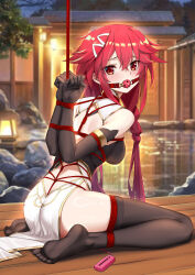 1girl arms_behind_back ball_gag bdsm black_thighhighs blindfold blurry blurry_background blush bondage bound bound_breasts bound_legs bound_wrists breasts china_dress chinese_clothes choujigen_game_neptune crotch_rope dress egg_vibrator elbow_gloves female_focus frogtie gag gagged gloves highres imminent_orgasm long_hair medium_breasts mr.blackcat666 neptune_(series) open_mouth pantyhose pelvic_curtain red_eyes red_hair remote_control_vibrator restrained shibari shibari_over_clothes soles solo spread_legs tennouboshi_uzume thighhighs toes vibrator vibrator_cord wiffle_gag zettai_ryouiki