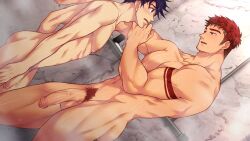 2boys abs ace_anderson arm_tattoo bara blue_hair derek_kingsfield highres jock_studio_(blits_games) large_pectorals large_penis looking_at_another male_focus mikkoukun multicolored_eyes multiple_boys muscular muscular_male non-web_source open_mouth pectorals penis pubic_hair red_hair short_hair showering standing tattoo uncensored wet zamius
