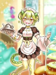 1girl aged_down apron blush breasts collarbone crunch detached_collar dragon_girl dragon_horns dragon_tail duel_monster frilled_sleeves frills green_hair hair_between_eyes highres holding holding_plate horns looking_at_viewer maid maid_apron maid_headdress open_mouth orange_eyes p-b-c_(dark_matter_kakine) parlor_dragonmaid plate puffy_short_sleeves puffy_sleeves short_hair short_sleeves small_breasts smile solo tail teapot thighhighs twintails wrist_cuffs yellow_thighhighs yu-gi-oh! zettai_ryouiki