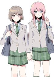 2girls bag bang_dream! bang_dream!_it&#039;s_mygo!!!!! brown_eyes chihaya_anon closed_mouth collared_shirt commentary diagonal-striped_clothes diagonal-striped_necktie green_necktie green_skirt grey_bag grey_eyes grey_hair grey_jacket haneoka_school_uniform highres holding_hands jacket long_hair long_sleeves misumi_suki multiple_girls necktie pink_hair plaid_clothes plaid_skirt pleated_skirt school_bag school_uniform shirt short_hair shoulder_bag simple_background skirt striped_clothes takamatsu_tomori white_background yuri