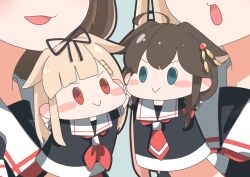 2girls black_hair black_serafuku blonde_hair blush_stickers braid commentary_request hair_flaps hand_puppet head_out_of_frame highres kantai_collection long_hair meta multiple_girls neckerchief no_chi_(aka_hara) object_focus puppet red_neckerchief sailor_collar school_uniform serafuku shigure_(kancolle) shigure_kai_ni_(kancolle) single_braid white_sailor_collar yuudachi_(kancolle) yuudachi_kai_ni_(kancolle)