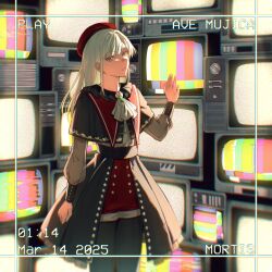 1girl ascot bang_dream! bang_dream!_it&#039;s_mygo!!!!! beret black_ascot black_capelet capelet character_name crt green_brooch green_hair hat highres long_hair long_sleeves looking_at_viewer mortis_(bang_dream!) red_hat red_shorts shorts thea01010 viewfinder wakaba_mutsumi white_ascot yellow_eyes