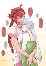 2girls black_hairband camisole closed_eyes commentary_request green_camisole green_shorts gundam gundam_suisei_no_majo hairband hand_on_another&#039;s_waist highres hug kusattatofu long_hair miorine_rembran multiple_girls open_mouth pink_shorts red_hair shirt short_sleeves shorts smile speech_bubble suletta_mercury thick_eyebrows translation_request white_hair white_shirt yuri