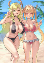 2girls ;d absurdres beach bikini black_bikini black_choker blonde_hair blue_sky breasts choker collarbone curvy day dragon_girl dragon_horns green_eyes grin highres horns kobayashi-san_chi_no_maidragon ksksksa large_breasts long_hair lucoa_(maidragon) maid_headdress multiple_girls navel one_eye_closed open_mouth outdoors peace pink_bikini sky slit_pupils smile stomach swimsuit thighs tohru_(maidragon) twintails v very_long_hair yellow_eyes