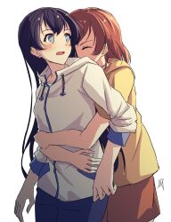 2girls aijou_karen aoi_hane arms_around_waist black_hair blue_eyes blue_sleeve_cuffs blue_trim blush brown_hair brown_shorts closed_eyes closed_mouth commentary_request covered_mouth cowboy_shot curled_fingers drawstring facing_another front-to-back hair_between_eyes hair_down hands_on_another&#039;s_waist highres hood hood_down hooded_jacket hooded_track_jacket hug hug_from_behind jacket kagura_hikari leaning_on_person long_hair looking_at_another medium_hair multiple_girls one_eye_covered open_mouth shirt short_sleeves shorts shoujo_kageki_revue_starlight sidelighting sideways_glance signature simple_background sleeves_pushed_up three-quarter_sleeves track_jacket track_suit turning_head white_background white_jacket wide-eyed yellow_shirt yuri