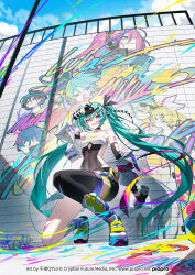 1girl aqua_eyes aqua_hair arm_tattoo black_gloves breasts copyright_notice covered_navel day gloves graffiti half-skirt hatsune_miku highres jacket leotard medium_breasts off_shoulder on_one_knee open_clothes open_jacket outdoors qys3 tattoo twintails two-tone_shorts vocaloid watermark web_address