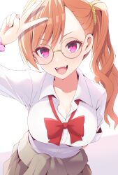 1girl absurdres arm_behind_back blush bow bowtie breasts brown_skirt clothes_around_waist fangs glasses hair_ornament hair_scrunchie highres koumei_(twinameless) large_breasts looking_at_viewer open_mouth orange_hair original red_bow red_bowtie red_eyes scrunchie side_ponytail skirt smile solo sweater sweater_around_waist v wrist_scrunchie