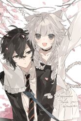 1boy 1girl absurdres animal_ears arm_on_another&#039;s_shoulder arm_up black_hair braid branch cherry_blossoms choker collared_shirt drill_hair fang frills glasses grey_eyes grey_hair hair_between_eyes highres jacket long_hair long_sleeves looking_at_viewer necktie open_clothes open_jacket open_mouth original pleated_skirt rgb12800 school_uniform shirt short_hair skirt sleeves_past_fingers sleeves_past_wrists smile striped_necktie white_shirt