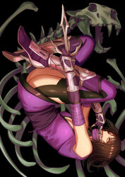 1girl animal_skeleton black_background boots brown_hair full_body gloves highres holding holding_weapon looking_at_viewer mask medium_hair mileena_(mortal_kombat) mortal_kombat_(series) mortal_kombat_11 mouth_mask purple_boots purple_gloves purple_mask removing_mask sai_(weapon) seacobalt sharp_teeth slit_pupils solo teeth thigh_boots weapon yellow_eyes