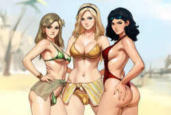 3futa ass bangle bare_arms bare_shoulders beach bikini biting_own_lip black-framed_eyewear black_hair black_hairband blonde_hair blue-tinted_eyewear blue_eyes blurry blurry_background bracelet breasts brown_eyes bulge character_request cleavage commentary copyright_request cowboy_shot day earrings english_commentary eyewear_on_head front-tie_bikini_top front-tie_top futanari green_bikini green_eyes hairband hand_on_another&#039;s_waist hand_on_own_ass highres hoop_earrings jewelry large_breasts long_hair looking_at_viewer medium_breasts medium_hair multiple_futa navel one-piece_swimsuit outdoors palm_tree red_one-piece_swimsuit sarong shiny_skin smile sunglasses swimsuit tarakanovich tinted_eyewear tree yellow_bikini