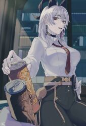 1girl artist_logo black_horns black_pants bookshelf breasts can collared_shirt commentary_request curled_horns dress_shirt earrings energy_drink high-waist_pants highres holding holding_can horns indoors jewelry key_earrings large_breasts logo long_hair mole mole_under_eye necktie nekomu_10 open_mouth pants red_eyes red_necktie shirt shirt_tucked_in sitting solo tight_clothes tight_pants white_hair white_shirt wuthering_waves zani_(wuthering_waves)