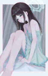 1girl absurdres airi_(blue_archive) alternate_costume bare_arms bare_legs bare_shoulders blue_archive blush breasts brown_hair collarbone dress green_dress green_eyes highres long_hair looking_at_viewer oekaki_siro open_mouth parted_bangs sidelocks sleeveless sleeveless_dress small_breasts solo