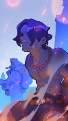 Rule 34 | 2boys, beard, black hair, clenched hands, commentary, crying, cuffs, embers, epaulettes, facial hair, formal clothes, handcuffs, highres, jewelry, lamegatouffe, male focus, monkey d. garp, multiple boys, necklace, one piece, pearl necklace, portgas d. ace, short hair, signature, suit, topless male, white hair