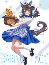 1girl :d animal_ears aqua_eyes baguette black_shoes blue_skirt bread brown_hair character_name commentary_request daring_tact_(umamusume) employee_uniform food full_body highres horse_ears horse_girl horse_tail kobeya kobeya_uniform looking_at_viewer medium_hair open_mouth shoes skirt smile socks tail tsukiyuki_mike twitter_username umamusume white_socks